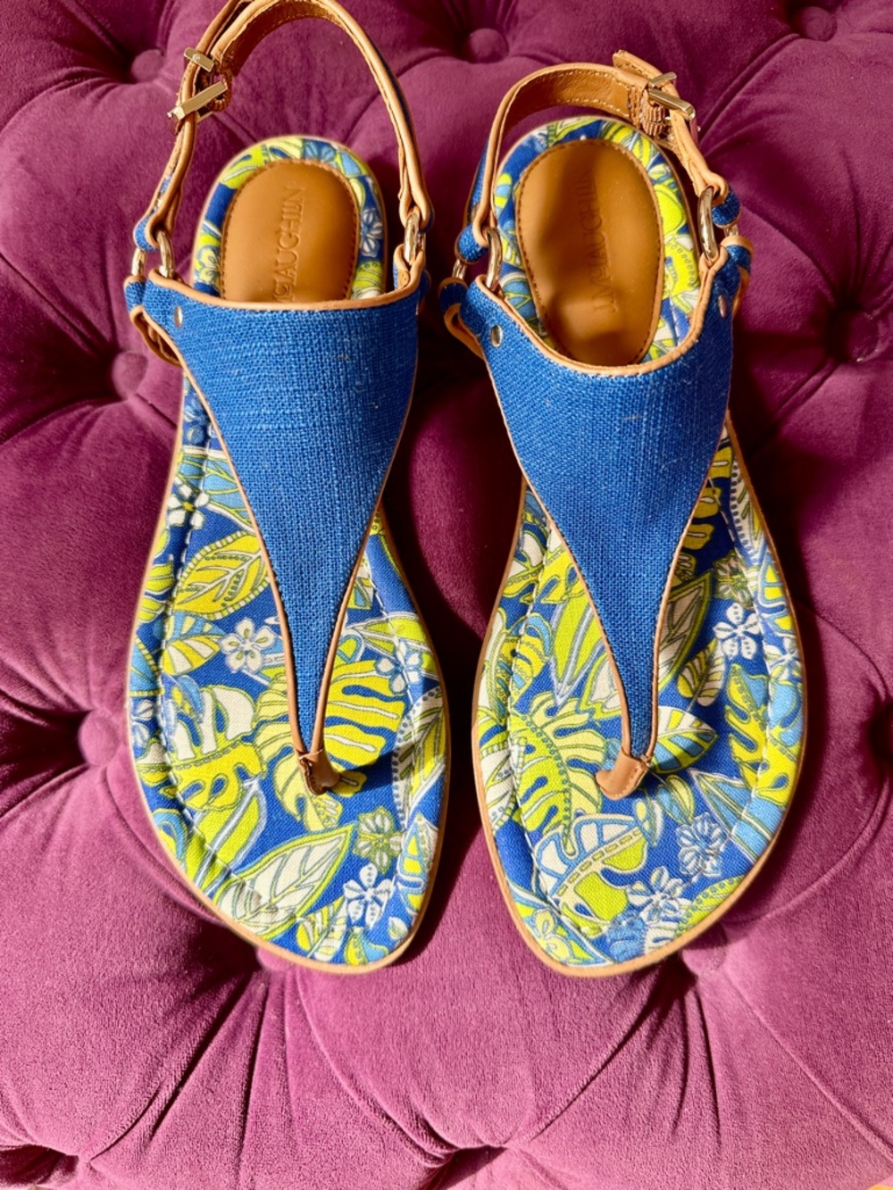 J. McL. ~ J.McLaughlin Cobalt Floral Printed T-Strap Sandals Sz 10